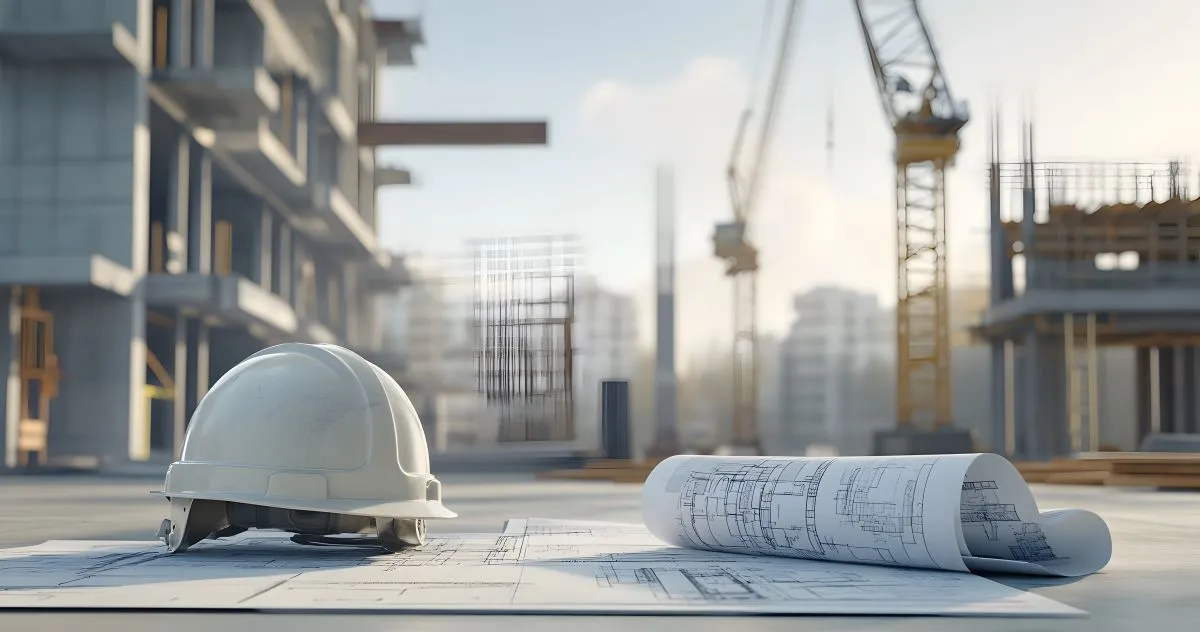 Kindel Solution - Ingenieurleistungen & Baurecht - Baustelle mit Gebäude, Kränen und Ausrüstung auf hellem Hintergrund. Daneben wird ein Helm platziert.